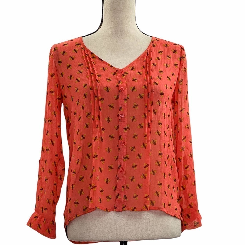 MOSSIMO Supply Co Sheer Red Bee Print Pleated Button Down Blouse